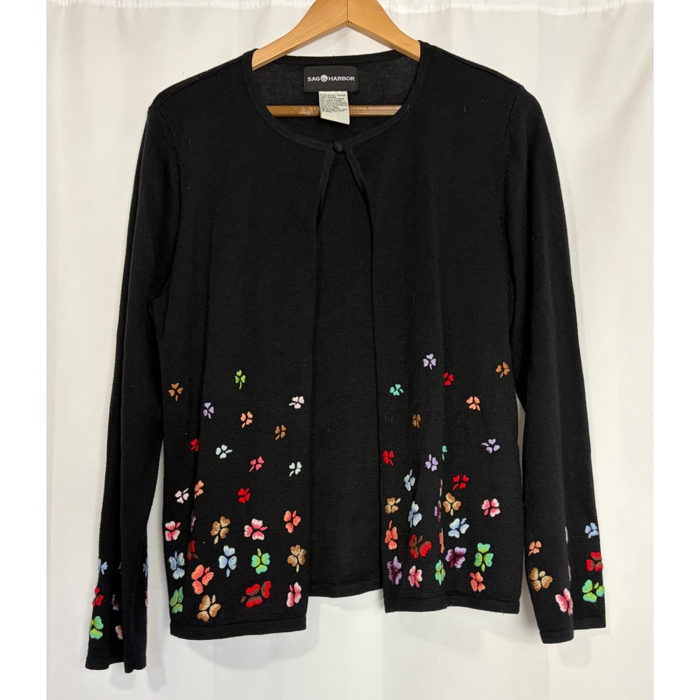 Womens Black Embroidered Floral Cardigan Sweater Built in Cami Large